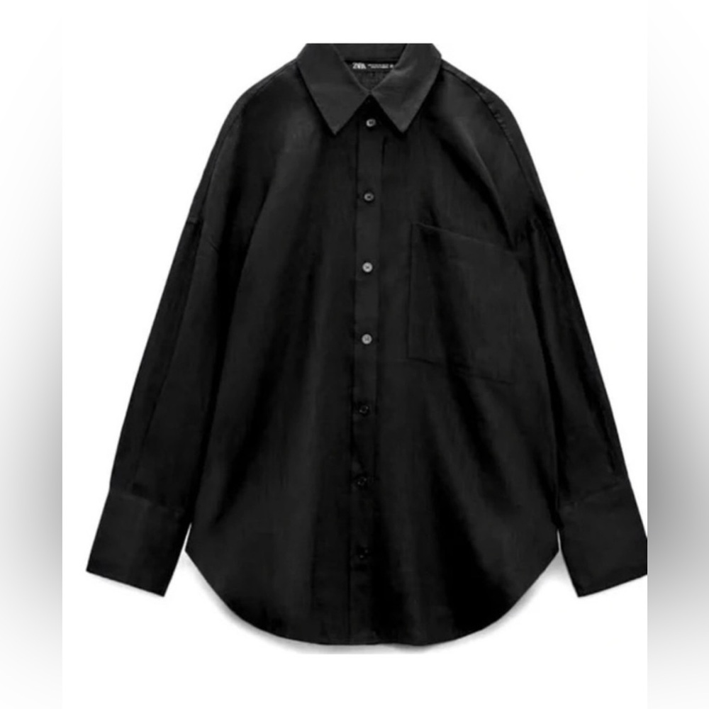 Preowned Zara 100% Linen Button Up Long Sleeve Shirt with Pocket - Black - Sz XL